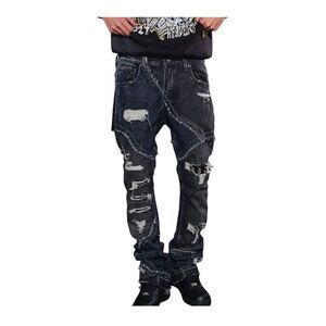 Vicious Jeans Two Tone Rip & Repair Flare Denim Mens Black VC633